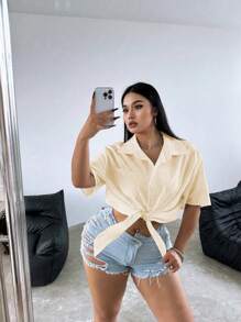 Flirla 大码纯色短袖衬衫，夏季时尚