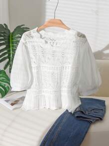 CosyJoli Women 2025 Spring/Summer New Regular Round Neck Hollow Out Puff Sleeve Lace Patchwork Short Sleeve Knit Top