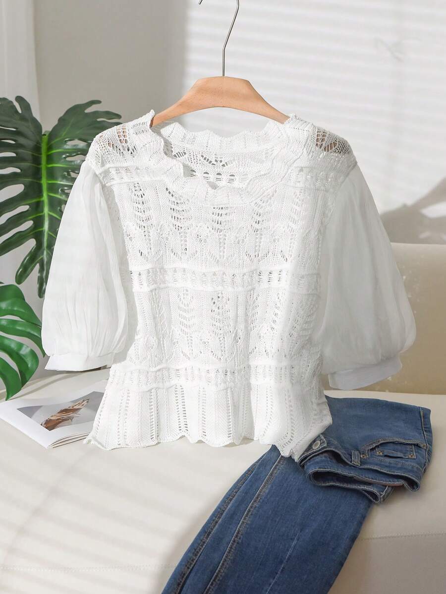 CosyJoli Women 2025 Spring/Summer New Regular Round Neck Hollow Out Puff Sleeve Lace Patchwork Short Sleeve Knit Top