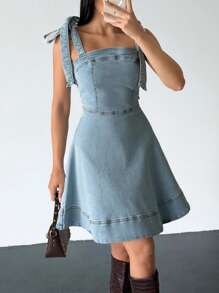 EURMUSE Rochie de vară casual din denim cu umeri - Spălare ușoară - Vizualizare 6