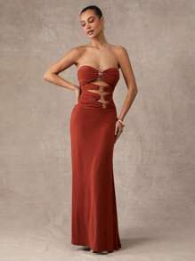 Silquee Robes longues de haute qualité pour femmes, robes de remise des diplômes pour femmes, robes orange rouges, design découpé, robes longues à décorations métalliques multiples, robes de soirée sexy, été, vêtements d'été pour femmes, tenue d'été - Acajou - Voir 2