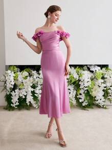 MOTF PREMIUM 3D FLOWER DECOR RUCHED MERMAID DRESS - Hot Pink - View 1