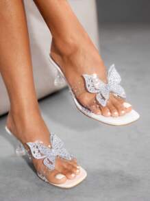 CUCCOO SZL Women Crystal Rhinestone Butterfly Decor Square Toe Stiletto Mid-Heel Sandals, Elegant, Casual, Comfortable, Slip-On For Office, Formal, Party, Dating - Mauve Purple - View 6