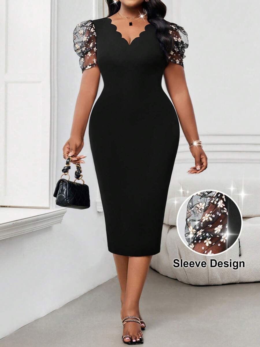 SHEIN Lady 大码女式花卉印花 V 领网眼短款泡泡袖修身优雅中长连衣裙 - 黑色 - 查看 1