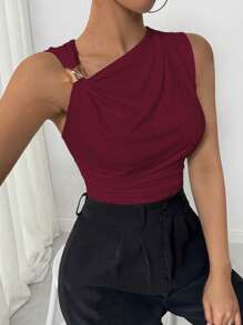 Chiquease 女士优雅性感无袖背心，金属装饰露肩，适合夏季休闲/度假，白色针织面料 - 紅色 - 查看 1