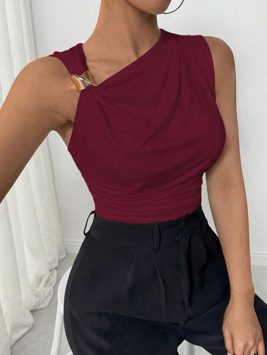 Chiquease 女士优雅性感无袖背心，金属装饰露肩，适合夏季休闲/度假，白色针织面料 - 紅色 - 查看 1