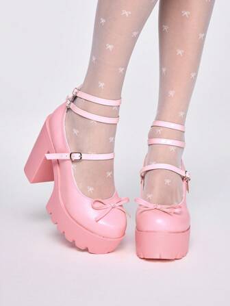 Goth Scarpe Mary Jane rosa con tacco alto da donna, con punta chiusa, cinturini a fibbia a farfalla, scarpe décolleté stile Lolita