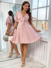 Celure 大码女式蝴蝶结肩带荷叶边袖连衣裙 - 粉色 - 查看 3