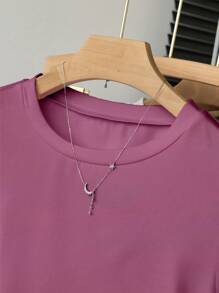 INAWLY Áo thun nữ cổ tròn tay ngắn màu trơn, thời trang cho mùa hè - Màu đỏ tím - Xem 5
