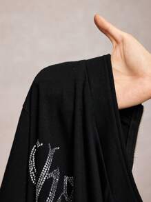 Slaydiva 2 Pcs/Set Women Plus Size Leisure Casual Outfit, 2025 Spring & Summer New - Featuring Lettering, Rhinestones, Zipper Short Sleeve Top And Elastic Waist Shorts With Rhinestone Decoration - Black - View 9