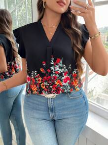 SHEIN Clasi Plus Size Holiday Casual Floral Print Ruffle Trim Shirt - Black - View 6