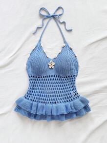 Soleia Women Solid Color Hollow Ruffled Hem Halter Knit Top Suitable For Dates Afternoon Tea Vacations Music Festivals Bohemian Style - Blue - View 3