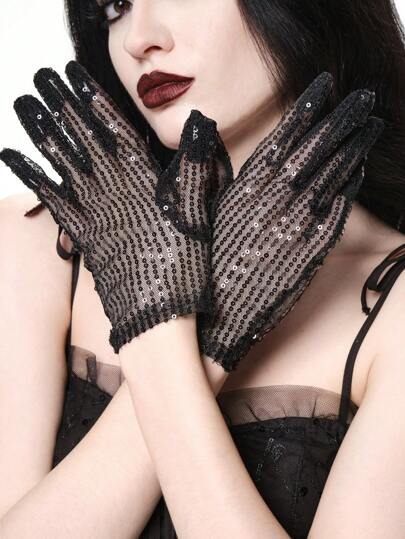 Grunge Punk 1 Pair Thin Glitter Gloves, Fashionable Solid Color Lace Full Finger Gloves