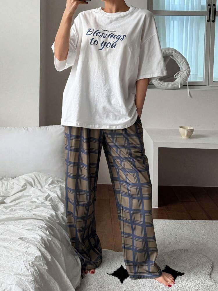 Conjunto de 2 piezas de ropa de dormir para mujer, pantalón holgado a cuadros y top de manga corta con estampado, cómodo