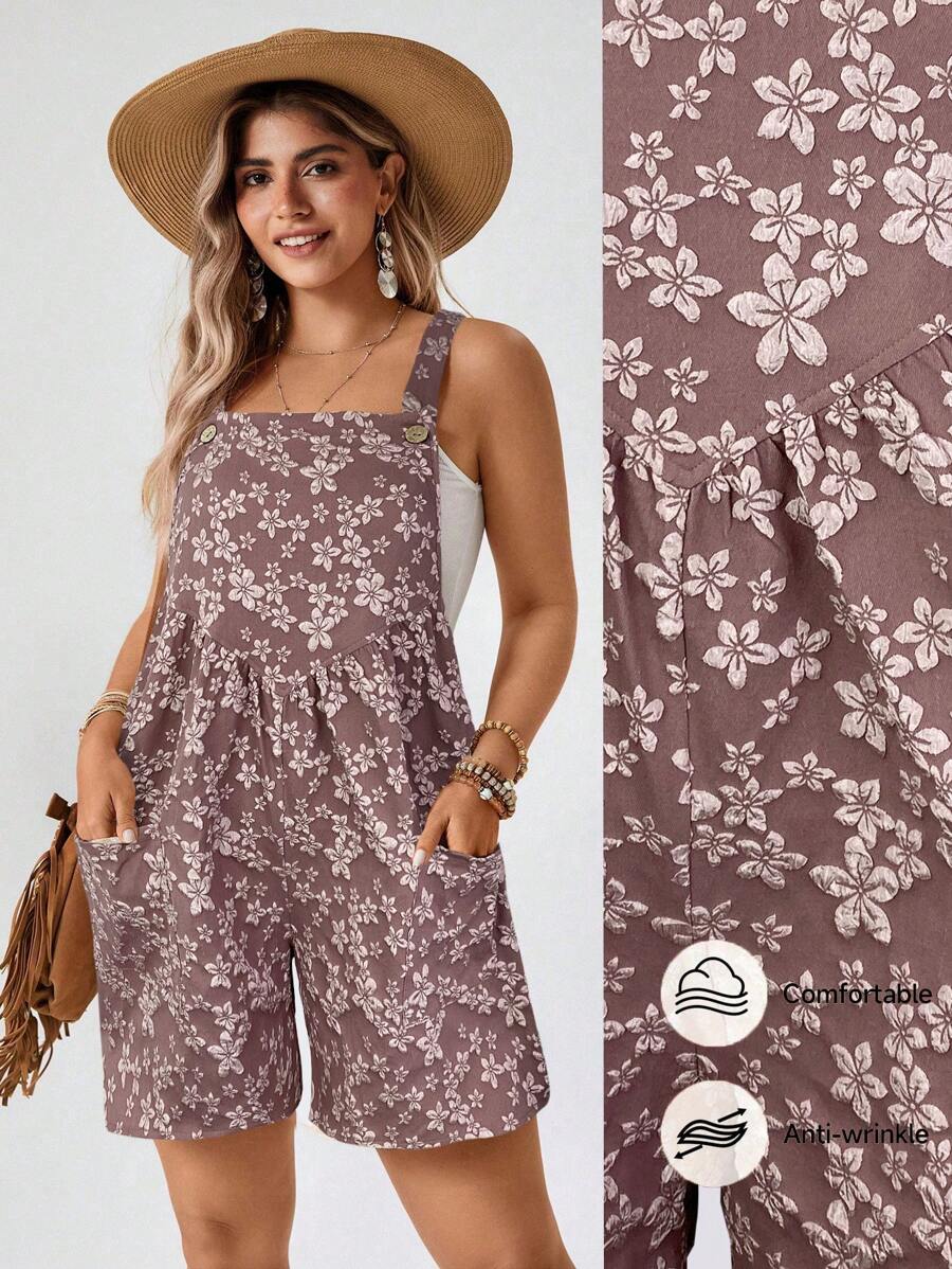 SHEIN LUNE Plus-Size Women'S Boho Summer Khaki Jacquard Fabric Sleeveless Suspenders With Side Pockets Designed For Everyday Casual Romper - Dusty Pink - View 1