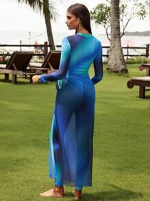 Swim Shayni 3 件套女士全覆盖泳衣套装：渐变印花长袖连体泳衣、紧身裤和网眼透视裙 - 藍色 - 查看 2