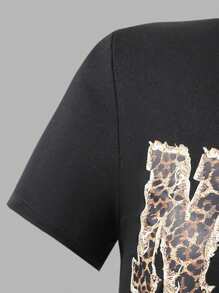 SHEIN Explorewe 女童豹纹蝴蝶结字母图案两件套宽松上衣和裤子套装