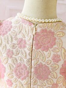 SHEIN Young Girl Elegant Floral Jacquard Stand Collar Puff Sleeve A-Line Waist Dress, Fancy Princess Retro Style Sweet Heavy Gold Thread - Pink - View 5