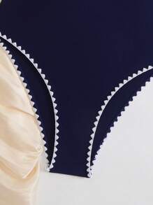 Swim Lushoire Women's Summer Stitching One Shoulder Monokini, One-Piece Bathing Suit - Navy Blue - View 8