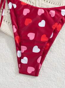 Swim Mod Lovely Versatile Heart Print Rib Knit One Piece Swimwear And Front Tie Triangle Swim Bottom, 2 Pieces Swimwear Set - Multicolor - View 4