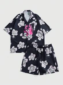 ROMWE MEN Casual 2件套男士动漫印花夏威夷衬衫和短裤套装 - 彩色 - 查看 1