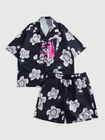Street Life 2 Stücke Hawaii Shirt- und Shorts Set für Herren mit Anime-Muster