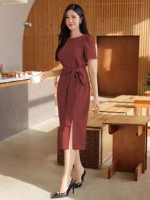 DAZY Women's Elegant Solid Color Round Neck Tie Waist Mid-Length Dress, Summer - Burgundy - View 5