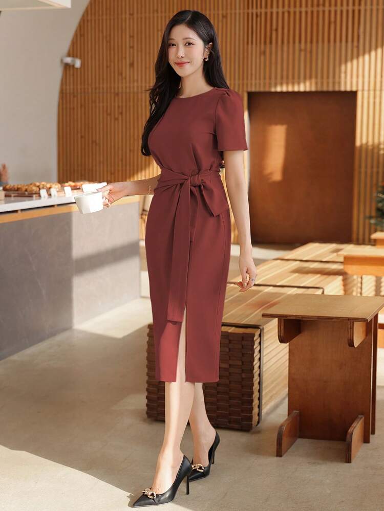 Women's Elegant Solid Color Round Neck Tie Waist Mid-Length Dress, Summer Maxi Dress
