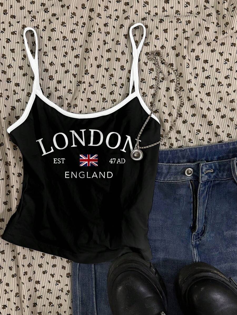 Attitoon Women's Black & White LONDON Text Graphic Print Casual Sexy Camisole Tank Top, Suitable For Summer Back To School - Black - View 1