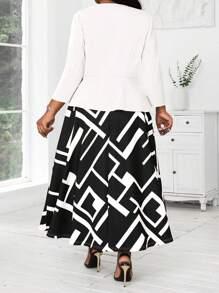 Fleurora 大码拼色几何印花连衣裙，教师制服两件套，女士秋季 - 白色 - 查看 2