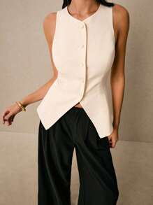 Poéselle 女士休闲无袖纯色纽扣衬衫，女士夏季服装 - 杏色 - 查看 2