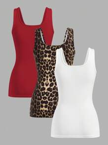 SHEIN Essnce 3pcs Women Leopard Print & Solid Color Casual Camisole Top Sets, Versatile Summer Undershirt Back To School - Multicolor - View 2
