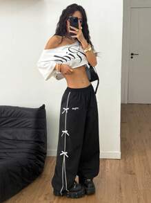 Coolane Pantalones de chándal anchos de pierna ancha de tiro alto con lazo estilo vintage, streetwear y Y2K para mujer, perfectos para festivales de música de primavera/verano