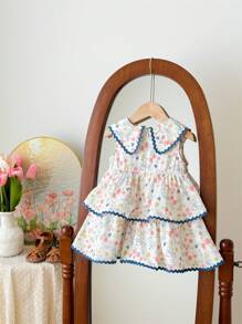 SHEIN LMoss Kids Babygirl 可爱夏日度假森系女孩碎花蝴蝶结领连衣裙 - 彩色 - 查看 2