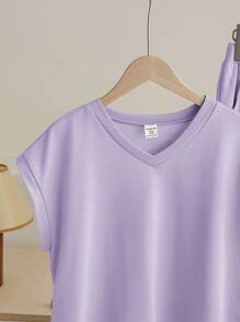 SHEIN Tween Girls Ribbed V-Neck Loose T-Shirt And Wide-Leg Pants Casual 2 Pieces Set - Mauve Purple - View 6