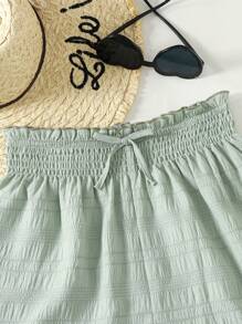 SHEIN 少女绿色提花纹理泡泡格子高腰抽绳宽松沙滩度假休闲百搭短裤 - 綠色 - 查看 4