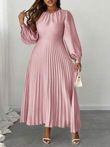 SHEIN Clasi Plus Size Women Elegant Solid Round Neck Ruffle Collar, Puff Sleeve, Pleated Hem Fashion Versatile Long Sleeve Dress, Autumn/Winter - Pink - View 1
