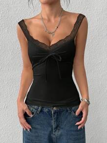 SHEIN EZwear 女款休閒性感純色對比蕾絲修身背心，適合夏季夜晚外出與夜店，黑色 - 黑色 - 查看 3