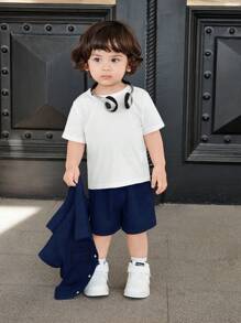 SHEIN Bộ 3 áo len cardigan tay ngắn cổ polo màu trơn cho bé trai và bé gái, quần short cạp chun và áo phông cổ tròn - Màu xanh lam - Xem 4