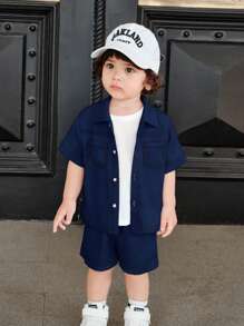 SHEIN Bộ 3 áo len cardigan tay ngắn cổ polo màu trơn cho bé trai và bé gái, quần short cạp chun và áo phông cổ tròn - Màu xanh lam - Xem 5