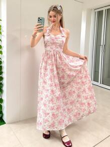 SHEIN Elegant Fashion Comfortable Ditsy Floral Sleeveless Dress For Teen Girls - Pink - View 4