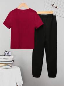 SHEIN 2pcs/Set Teen Boys Space Print Casual Short Sleeve T-Shirt And Printed Long Pants 2 Pieces Outfit, Great For Traveling, Transition Season, And Outdoor Wear - Red - View 2
