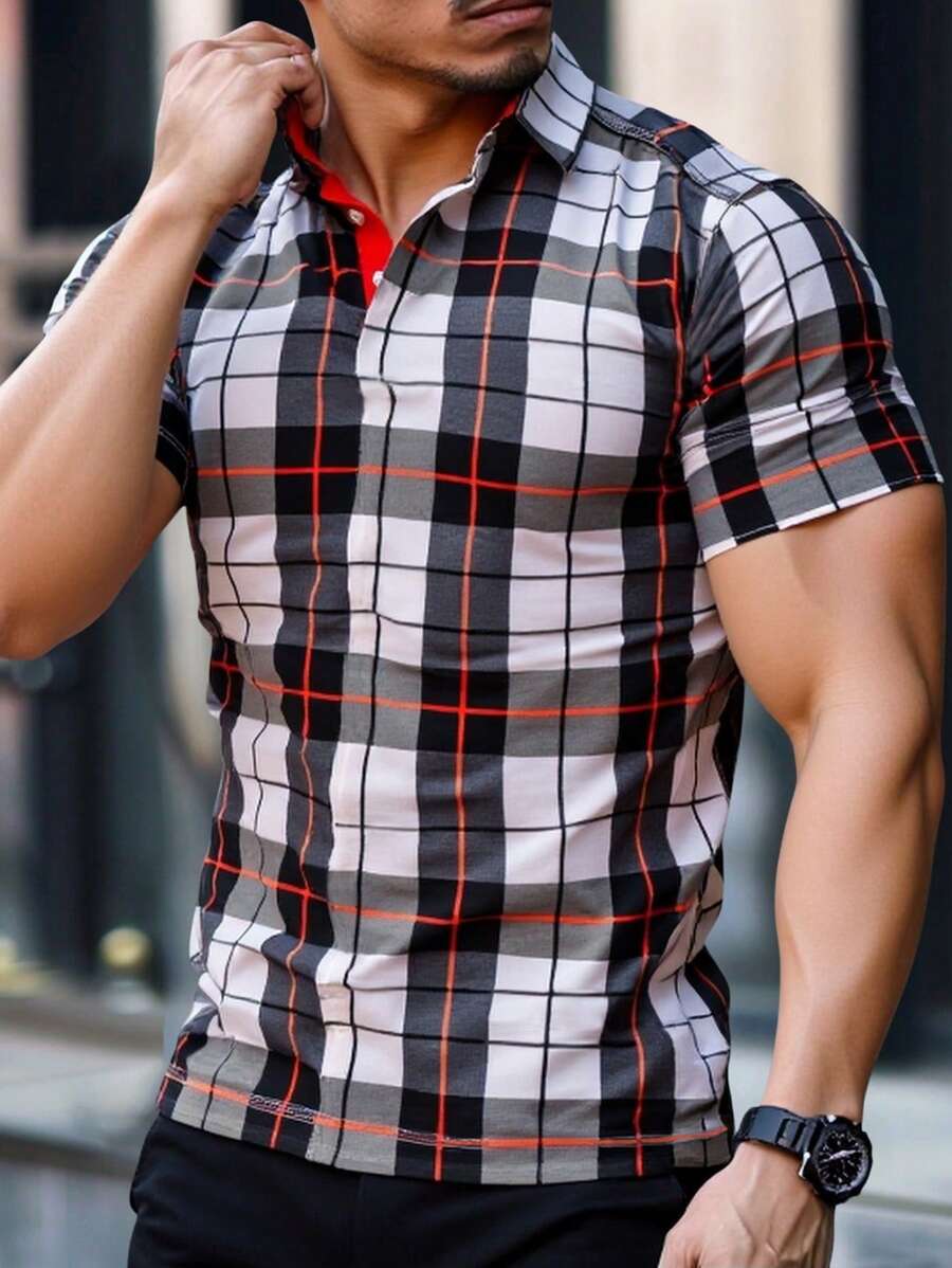 Manfinity Homme Men's Casual Everyday And Business Commute Style Polo Shirt, Featuring An INS-Inspired Combination Of Elegant Green, White, And Black Color-Block Stripes, Short Sleeves, A Buttoned Placket, And A Fashionable Design-Perfect As A Gift For Your Boyfriend Or Husband. Men's Short Sleeve Polo Shirt, Fashionable For Summer, - Multicolor - View 1