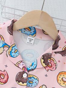 2pcs/Set Young Girl' Donut Print Short Sleeve Casual Loose Pajama Set - Dusty Pink - View 5