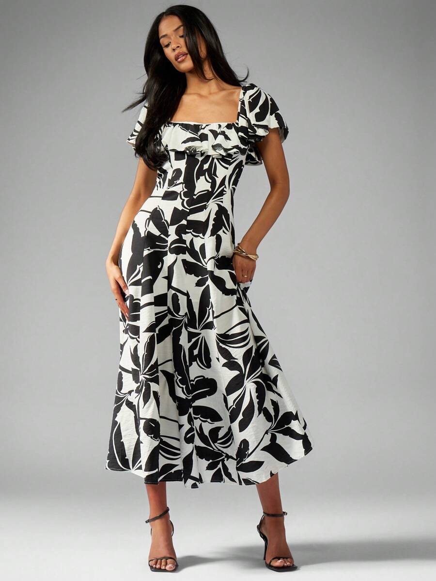 MISSGUIDED Leaf Print Linen Ruffle And Seam Detail Midi Dress - Black and White - View 1