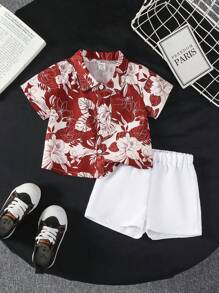 Baby Boy Floral Print Short Sleeve Shirt And Solid Color Shorts Set - Burgundy - View 3