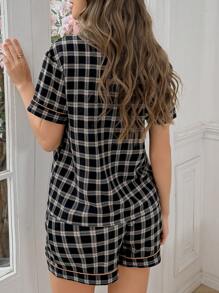 SHEIN Plaid Print Lapel Short Sleeve & Shorts Ladies Pajama Set
