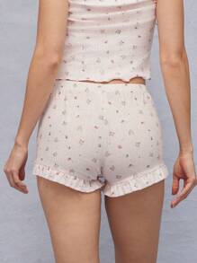WESTFADE Spring Casual Ditsy Floral Printed Pointelle Knit High Rise Elasticized Waist Cute Rosette Front Ruffle Hem Lounge Shorts - Pink - View 5