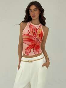 Aloruh Nueva blusa de tirantes informal para vacaciones con volantes, estampado tropical de lirios y teñido anudado, adecuada para el verano, vacaciones de primavera, festivales de música - Multicolor - Ver 5