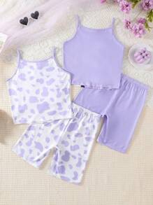 4 件套奶牛图案印花吊带上衣和短裤紧身裤套装，适合青春期女孩的简约可爱家居服